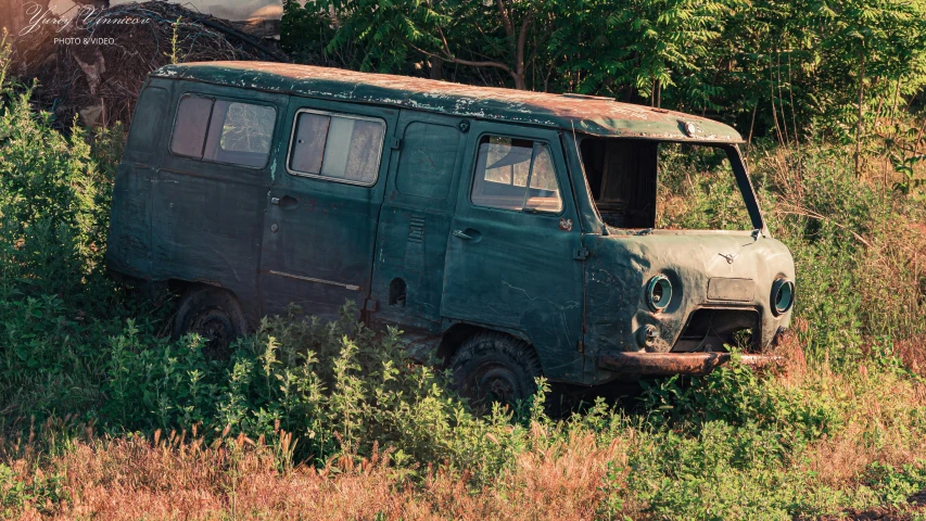 an old van sits in the woods by itself