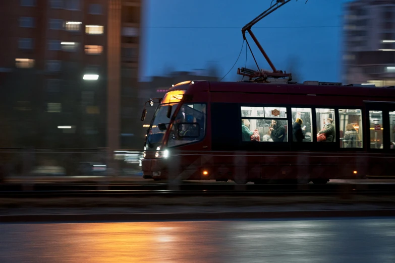 the trolley is going around on its night time rides