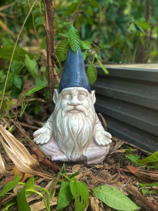 small gnome wearing blue hat sitting in the grass