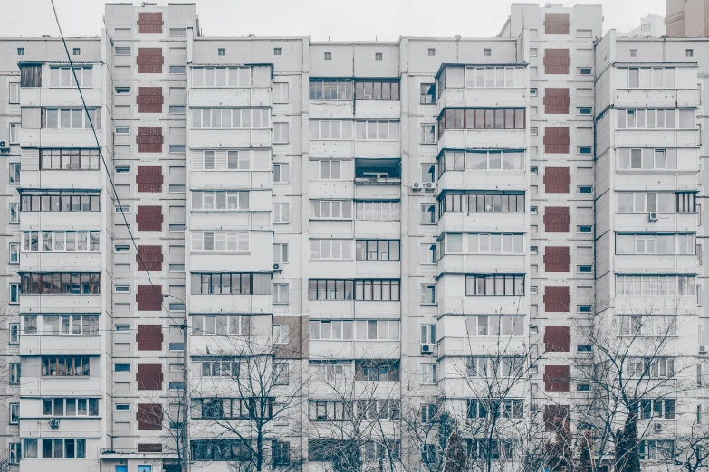 a large building that has some windows and a tree in front