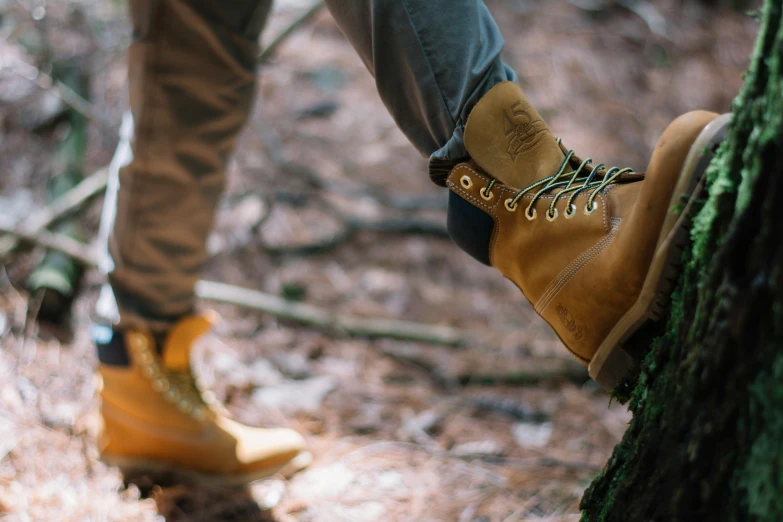 someone standing on top of a tree trunk wearing boots