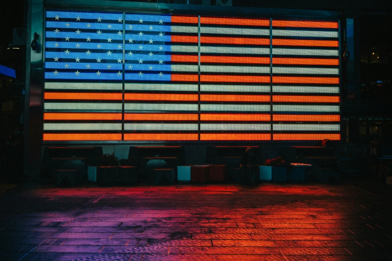a screen displaying red, white, and blue lights