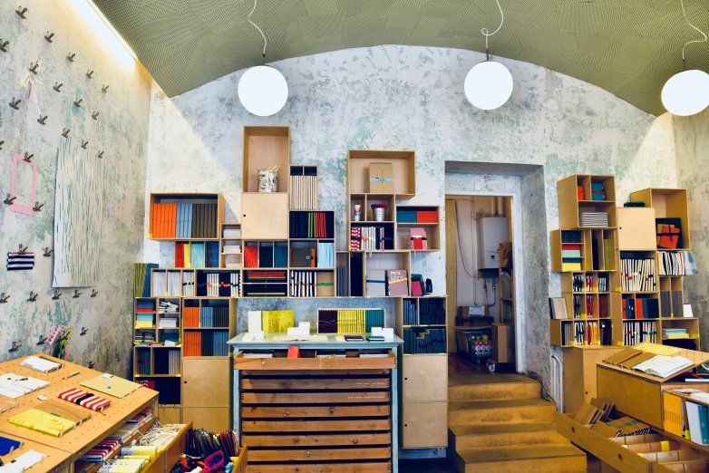 the inside of a storage room with books