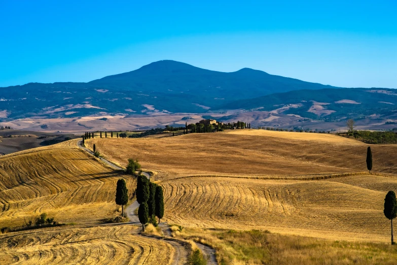 a road running through a rural countryside with a large hill in the background