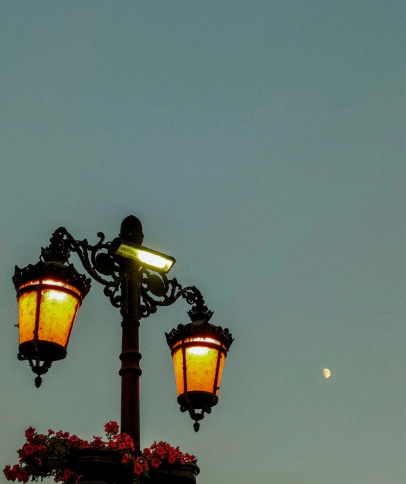 a close up of a street light with a moon in the sky