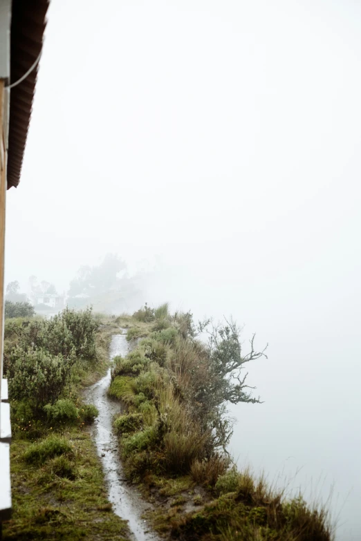 the path goes along the mountain and the foggy shore