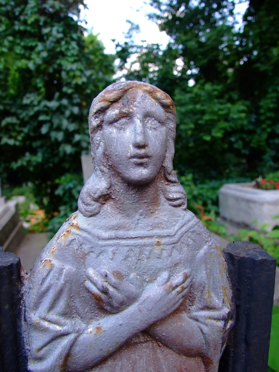 an ancient statue on the fence in front of trees