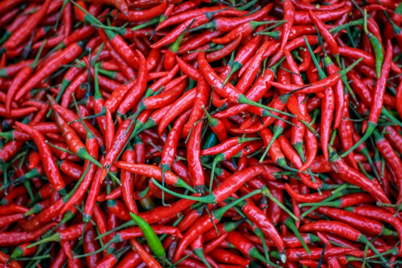 many red  peppers sit together in the grass