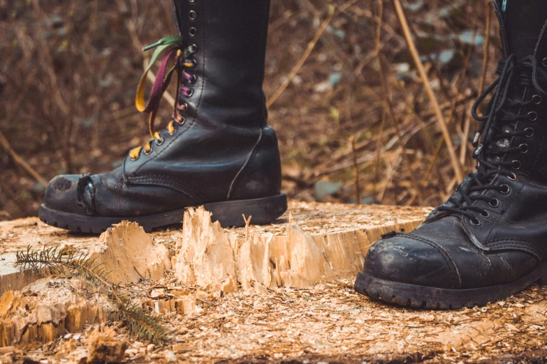 a pair of black hiking boots on a wooden log in the woods