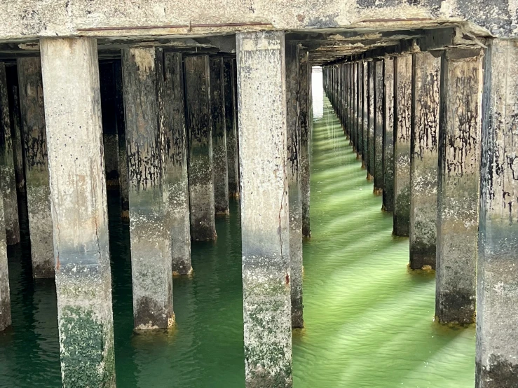 the pillars are in the middle of the water