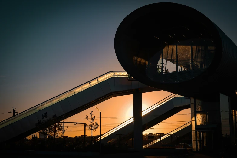 an outdoor stair in the evening with sunlight coming through