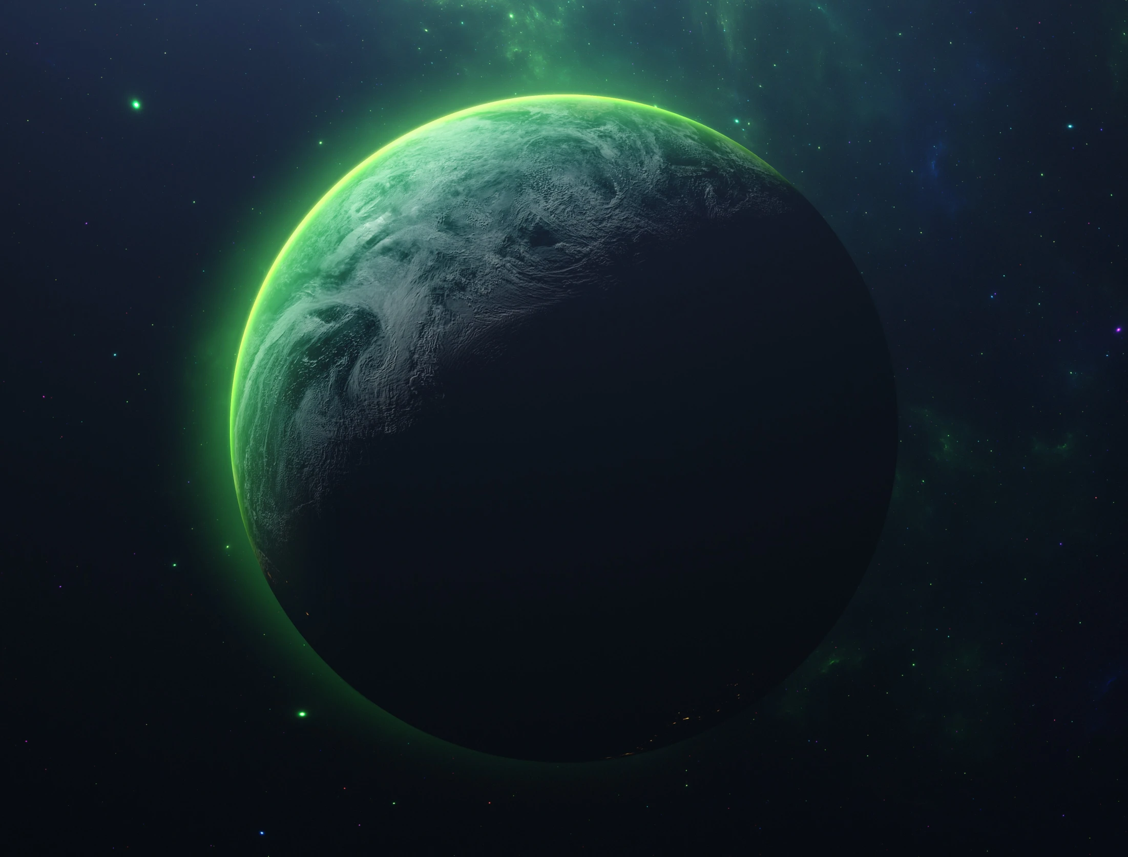 the planet with some bright green glow