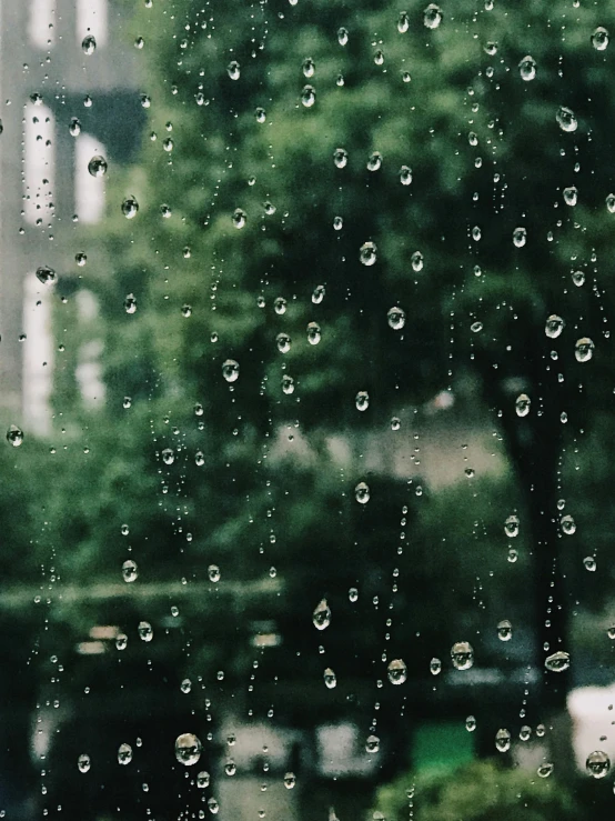 drops of rain on a window and the city in the background