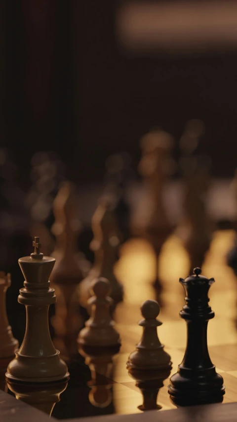 a close up of several chess pieces on the board