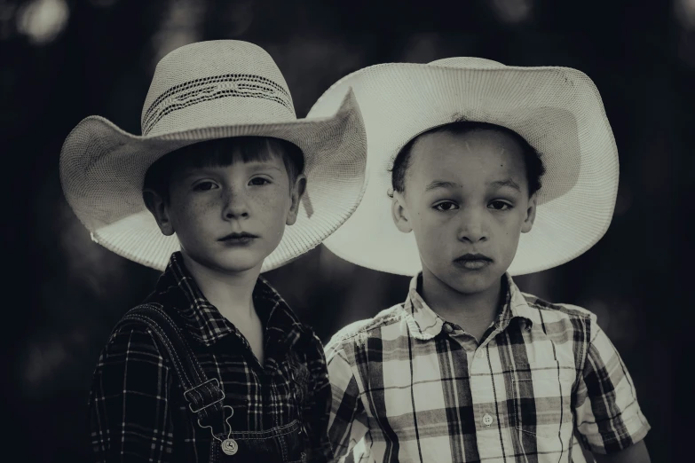 two small boys wearing cowboy hats in black and white