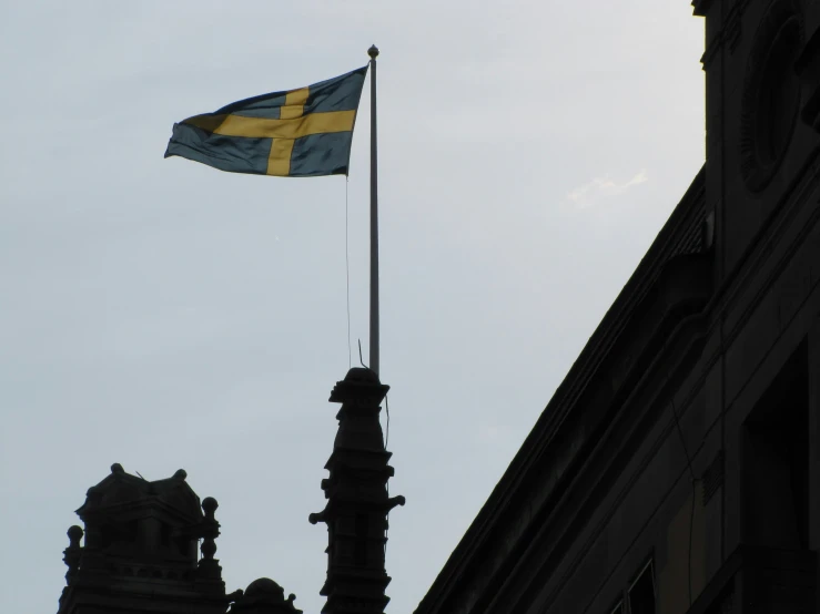a flag flying from the side of a tall building