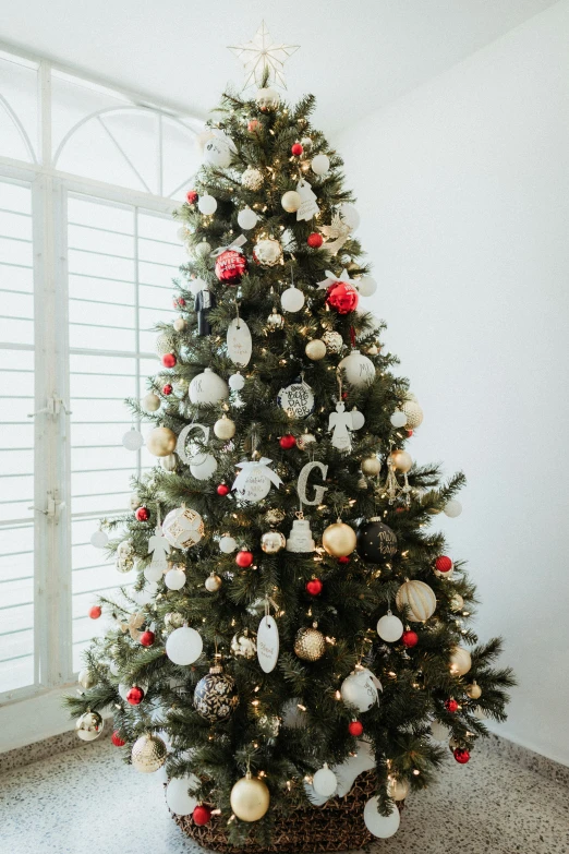 the tree is decorated in red, white and blue