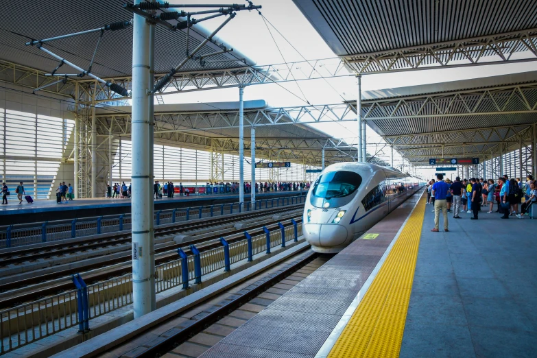 a modern bullet train pulling into a station