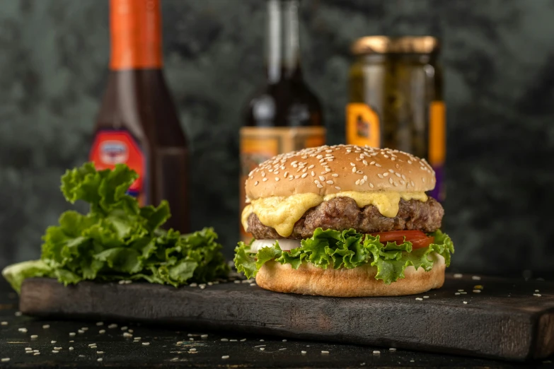 a hamburger sitting on top of a wooden  board