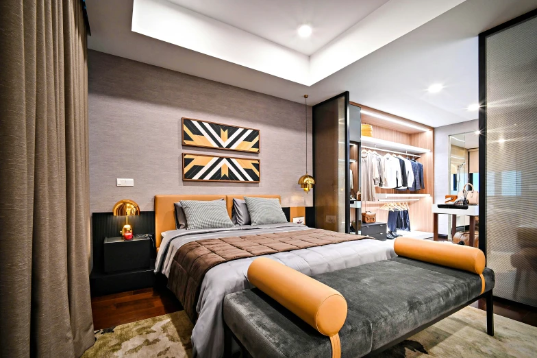 modern bedroom with king bed, dressing and clothes storage