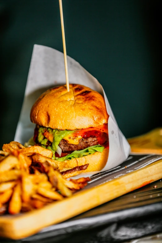 there is a grilled burger with french fries on the tray