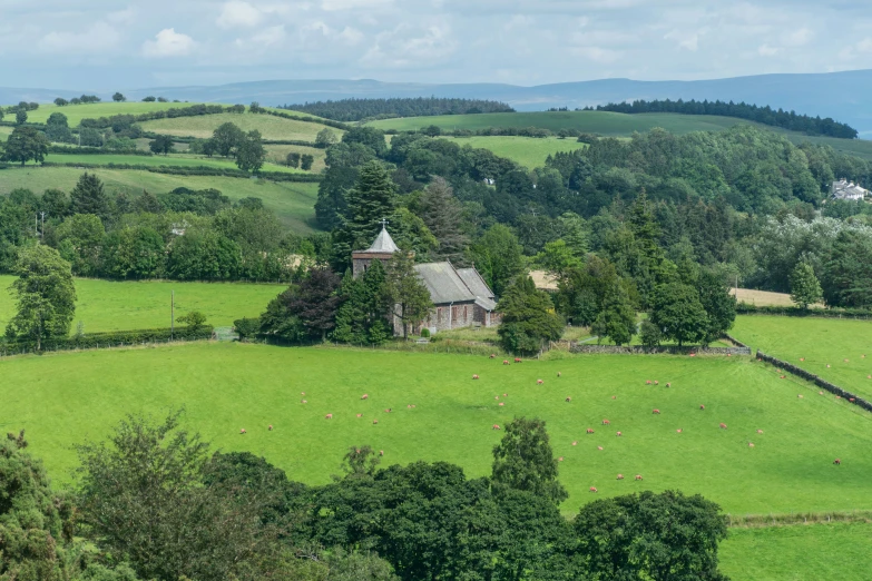 a rural scene with green fields and an old church