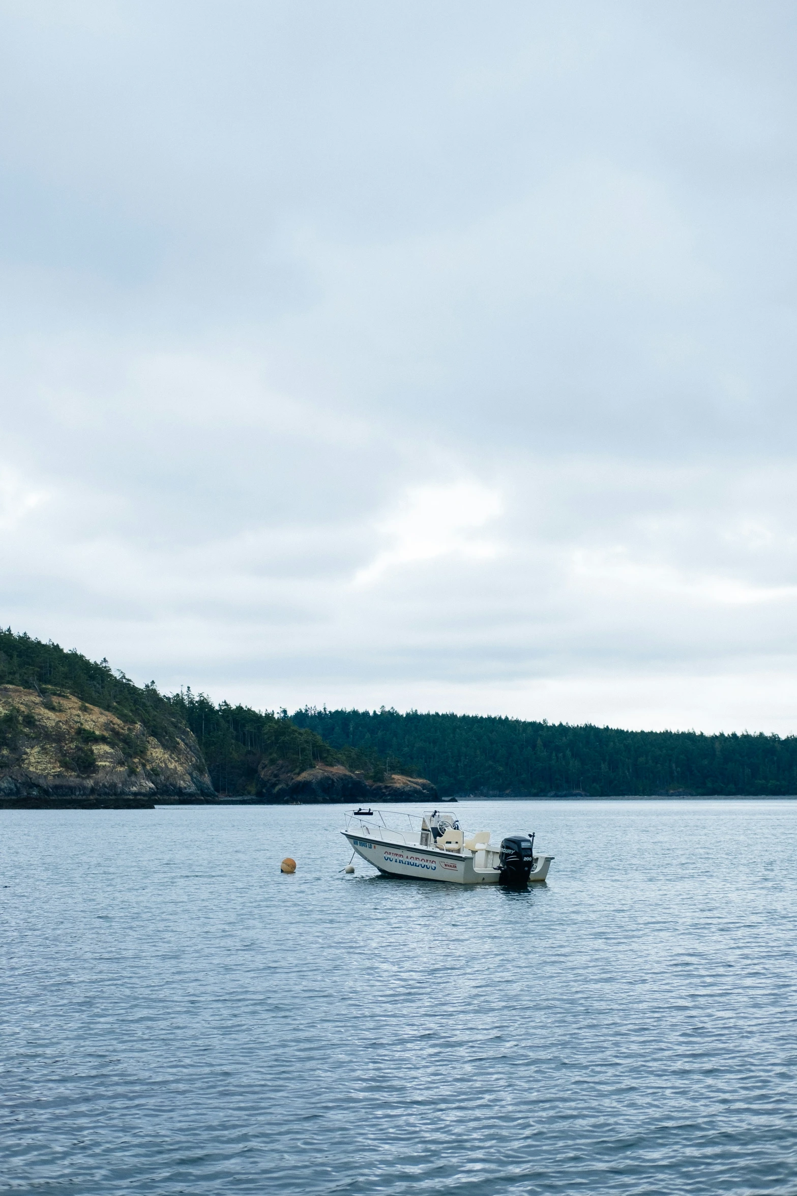 a boat on a lake surrounded by forest