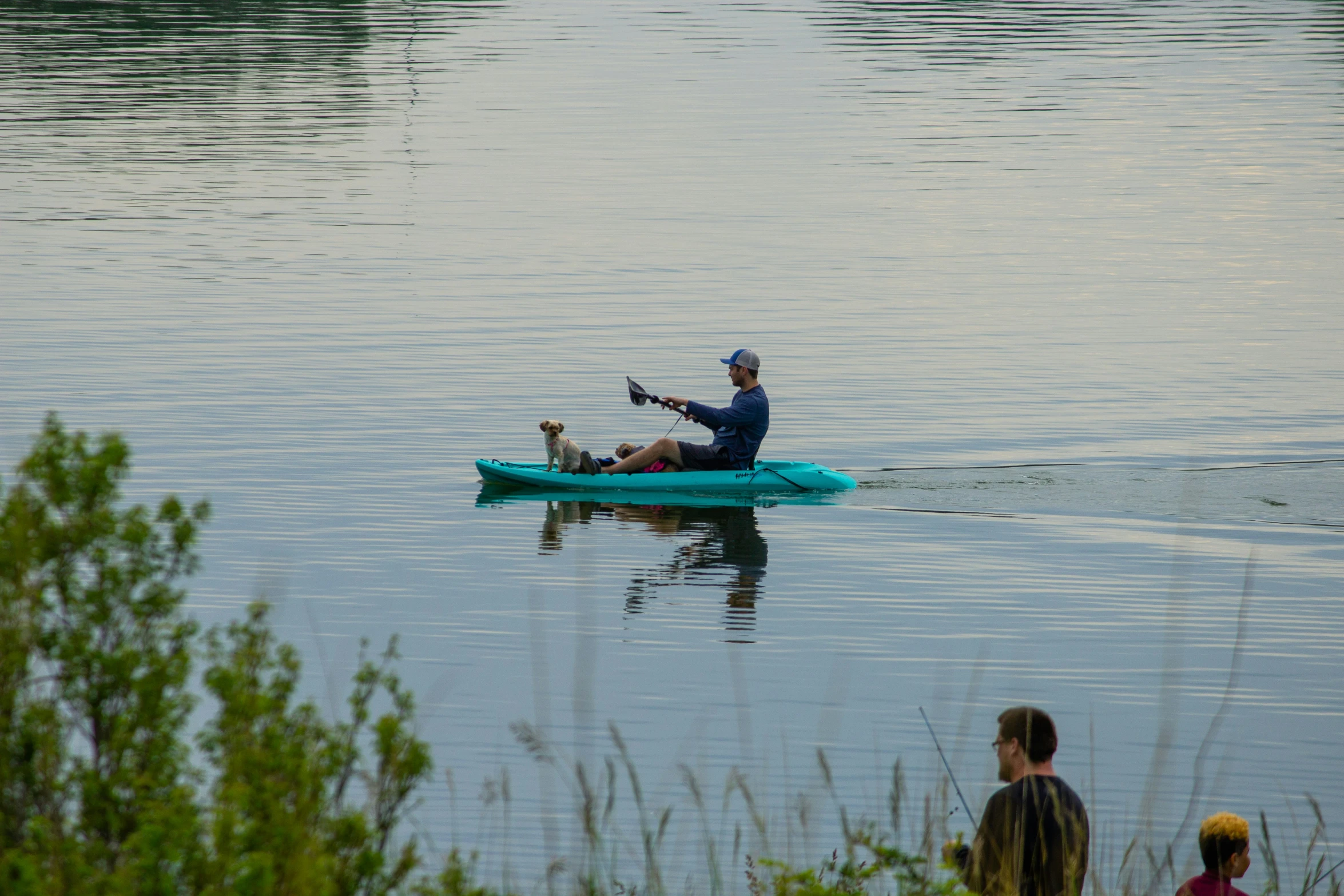 a man in a boat with a dog on a lake