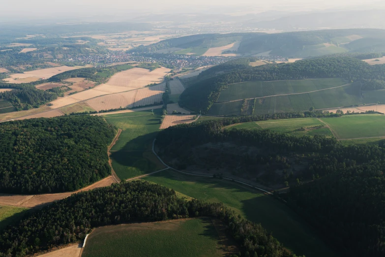 an aerial view of green landscape with dirt and trees