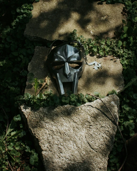 a black mask is shown on the top of a rock