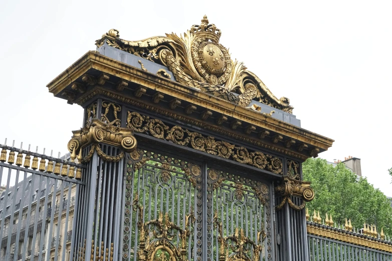 a beautiful metal fence with gold decorations on it