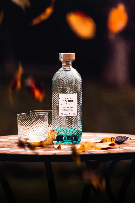 an empty bottle and glass on a table