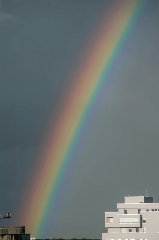 a rainbow appears over an urban area during sunset