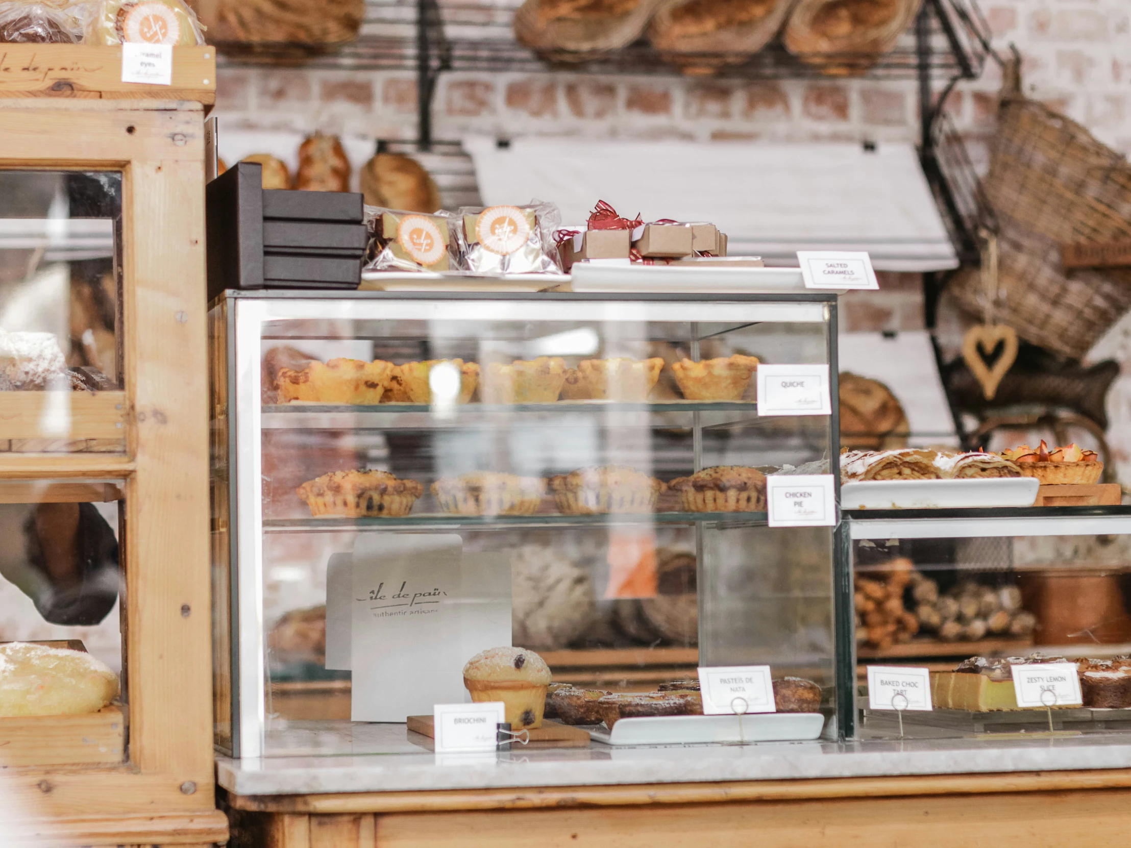 a bunch of baked goods sit on display