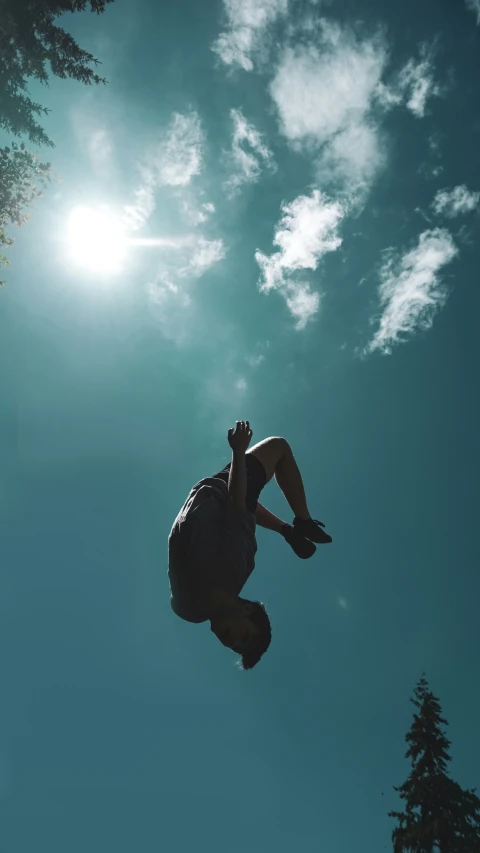 an upside down po of a man riding a skateboard