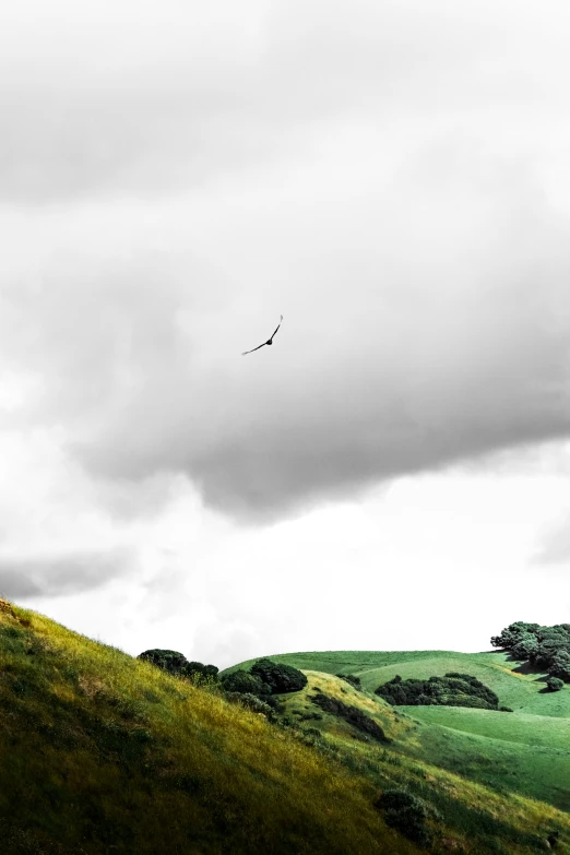an airplane is flying high in the sky over a grassy hill