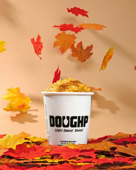 there is a cup of doug cereal in the middle of some fall leaves