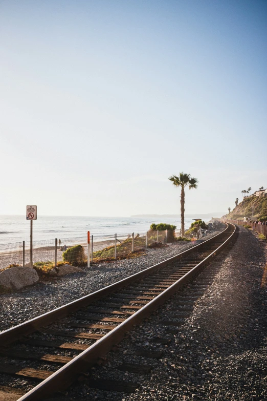 an image of a railroad track going to the beach