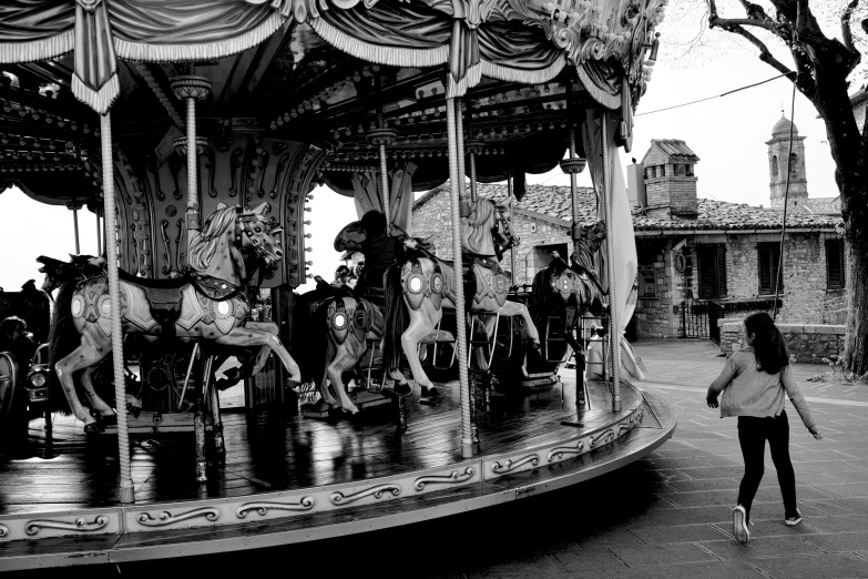 a black and white po of a carousel