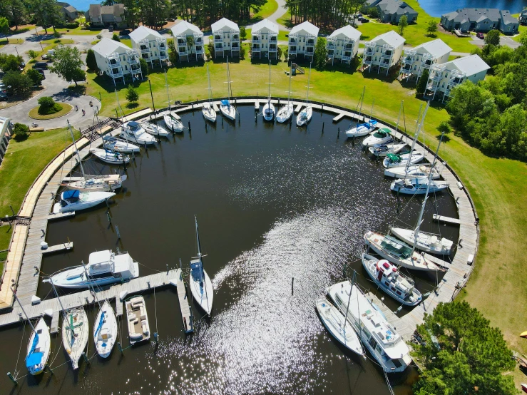 an aerial view of several small docks