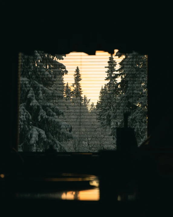 the view from inside a window on a snowy day