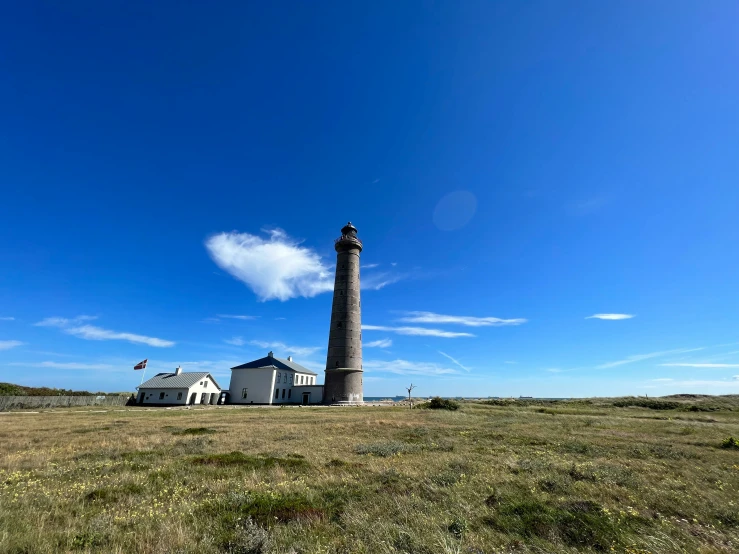 a small lighthouse tower stands in the middle of a vast open field