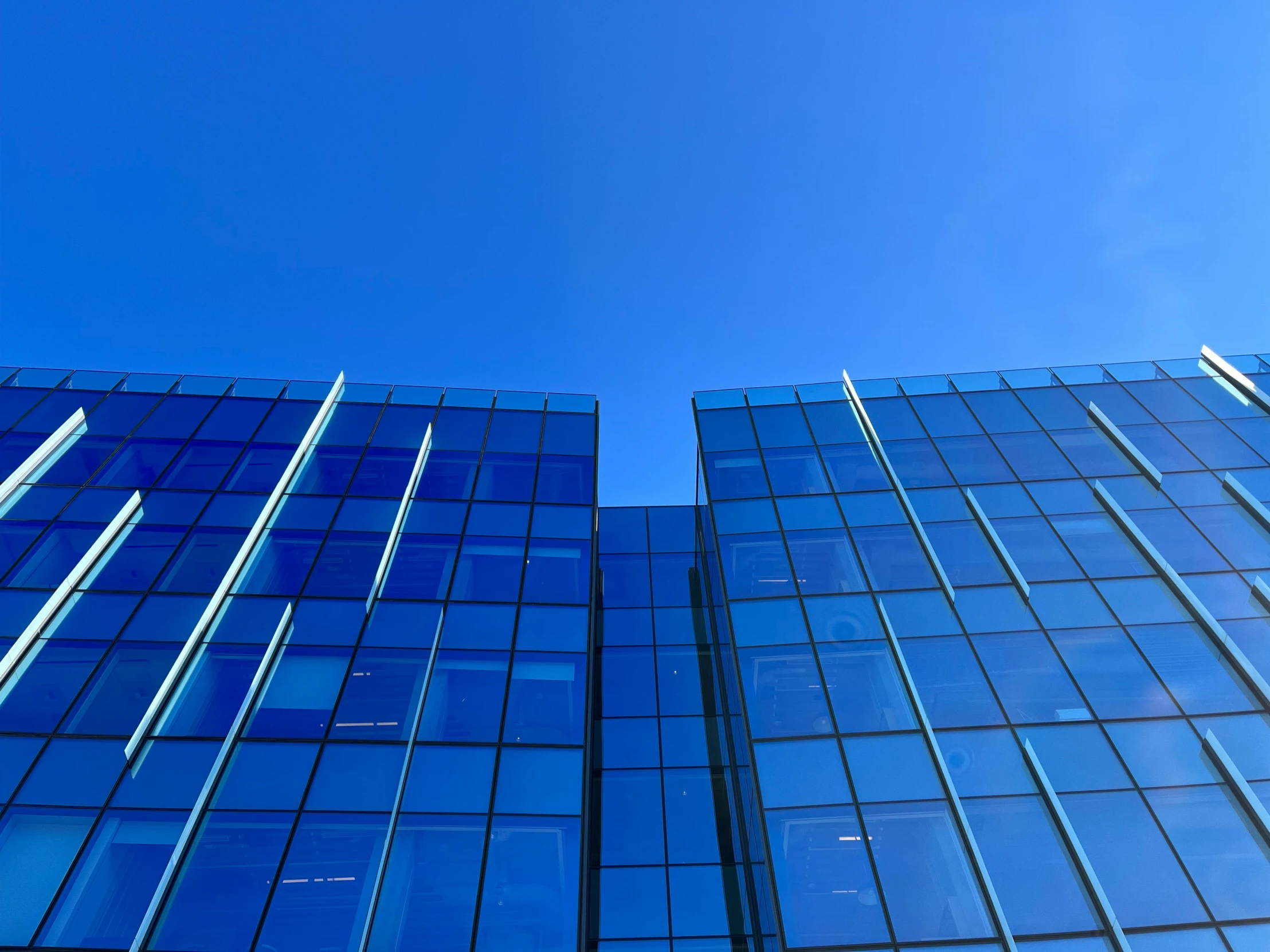 glass office buildings on a clear day with blue sky