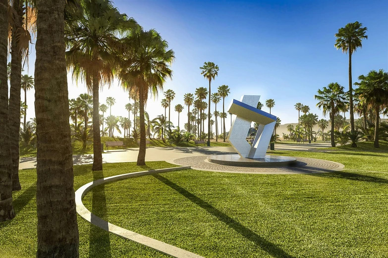palm trees line the sidewalk near a large sculpture