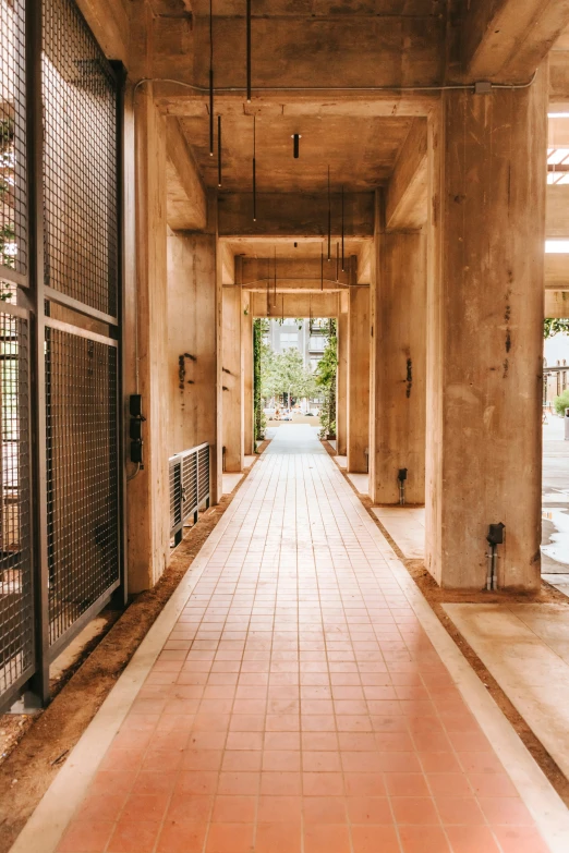 a long hallway has a row of doors with mesh over the doors