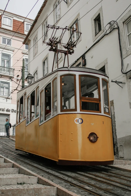 a yellow trolley is parked on a rail way