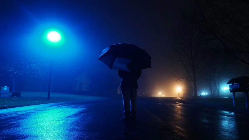 a person holding an umbrella on a dark street at night