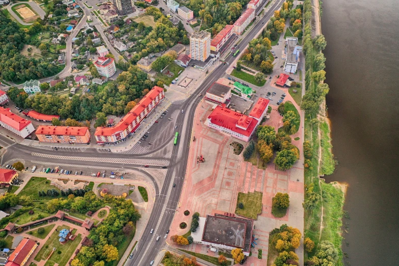 an aerial view of an intersection next to the river