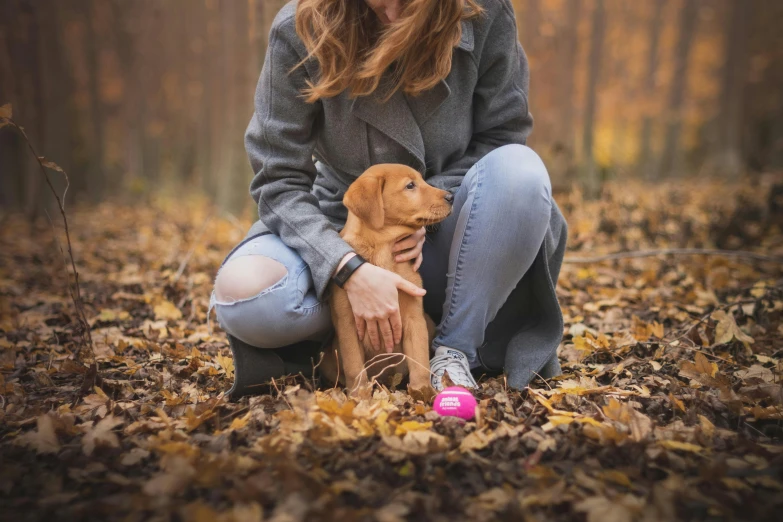 woman kneeling down holding a brown dog in a forest