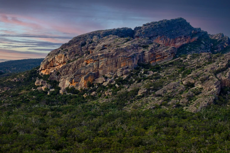 a very large rocky mountain surrounded by trees and bushes